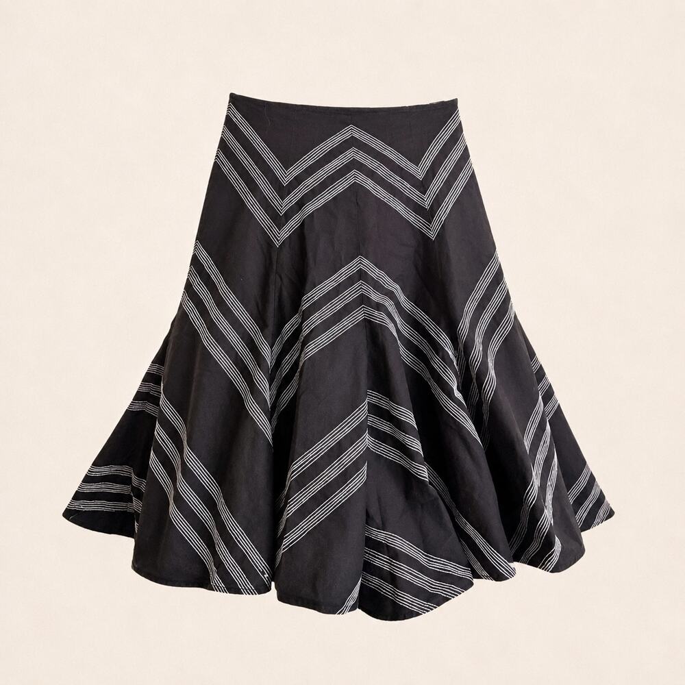 Black White Chevron Stripe A Line Midi Skirt Structured Flare Classic Size M